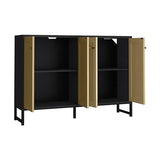 Panana Sideboard Accent Storage Cabinet with Rattan Decorated 4 Doors Dining Room Freestanding Kitchen Buffet Table Cupboard (Black) Panana