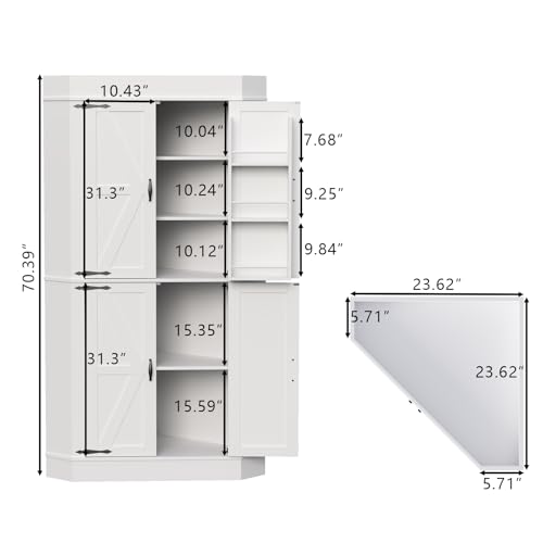 Gyfimoie Corner Cabinet,Kitchen Pantry Storage Cabinet,Freestanding Buffet Hutch with 4 Doors and Shelves,Tall Food Pantry Farmhouse Furniture with Side Rack for Kitchen Dining Room (White) Gyfimoie