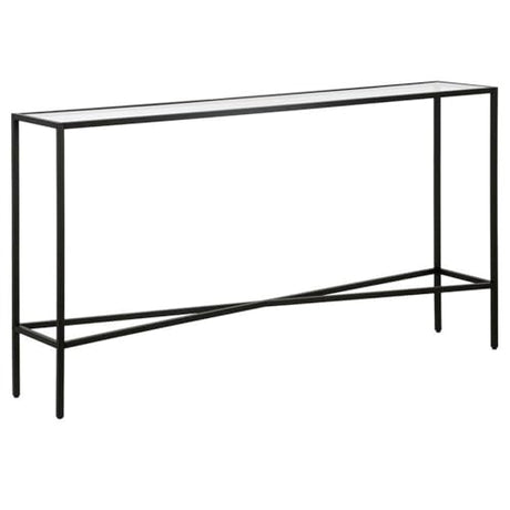 Pemberly Row 55" Blackened Bronze Metal/Glass Console Table, Tempered Glass Top, Geometric Crossbar Design, Modern Industrial Style Accent Table for Living Room or Entryway Use Pemberly Row