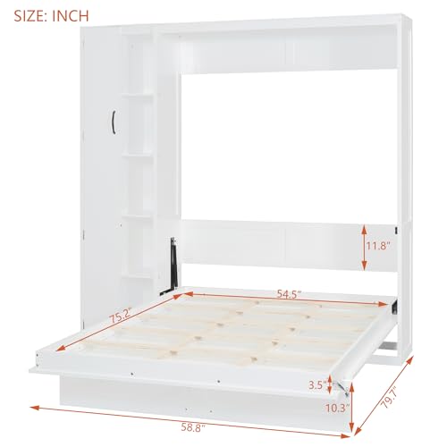 Ball & Cast Murphy Bed Full Size,Wall Chest with Shelves and 4 Drawers,Wood Hideaway Bed Cabinet Platform Bedframe w/LED Lights,can be Folded,Space-Saving,for Small Room,Dorms,White Ball & Cast