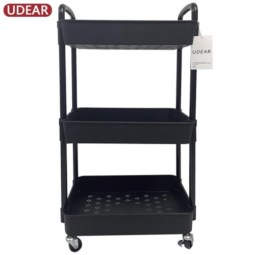 UDEAR 3-Tier Rolling Utility Cart with 12 Category Labels,Multifunctional Comagtable Rolling Shelving with Handle and Lockable Wheels for UDEAR