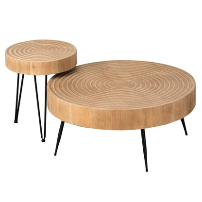 COZAYH 2-Piece Modern Farmhouse Living Room Coffee Table Set, Nesting Table Round Natural Finish with Handcrafted Wood Ring Motif, Wood Colour - WoodArtSupply