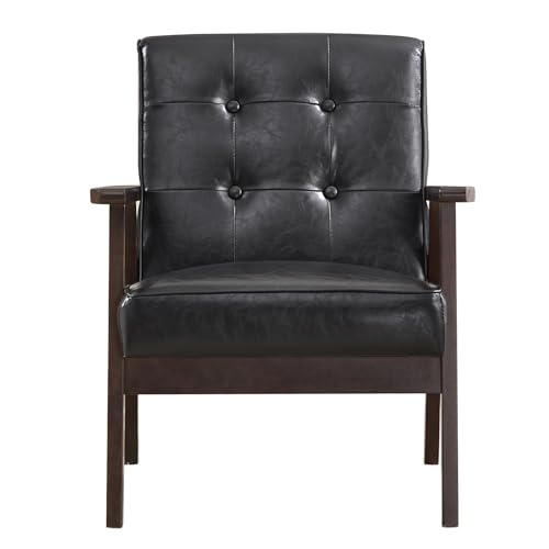 Bonzy Home Mid Century Modern Accent Chairs Set of 2 for Living Room, Upholstered Faux Leather Armchair Comfy Retro Bedroom Side Chair with Solid Wood Frame, Black Bonzy Home