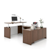 ALFA BUSINESS U-Shaped Executive Office Standing Desk with Pre-Assembled Frame & Lockable File Cabinet, Dual Motor Height Adjustable Electric Sit Stand Desk, Programmable Controller, Walnut/White ALFA BUSINESS