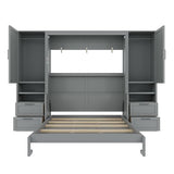 Merax Queen Size Murphy Bed with Desk, Space-Saving Wall Bed Frame with Closet, Drawers and Shelves, Foldable Platform Bed for Small Spaces Studio Study Office Guest Room, Gray Merax