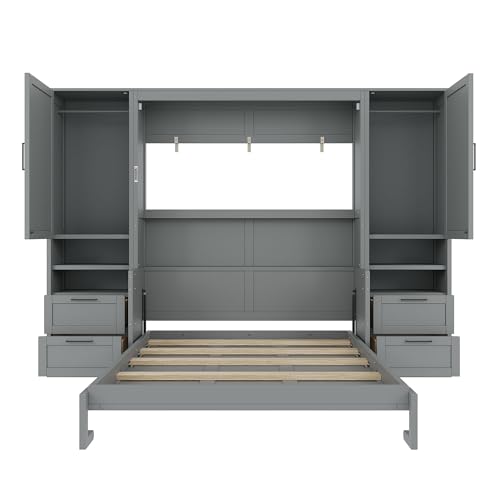 Merax Queen Size Murphy Bed with Desk, Closet, Drawers and Shelves, Fold into The Wall, Space-Saving Foldable Wood Platform Bed Frame for Small Spaces Studio Study Office Guest Room, Gray Merax