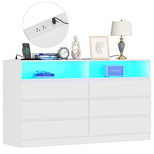 Gyfimoie 6 Drawer Double Dresser with Power Outlet, Accent Chests of Drawers with LED Light, Modern White Storage Dresser with Charging Station (Mirror Not Included) - WoodArtSupply