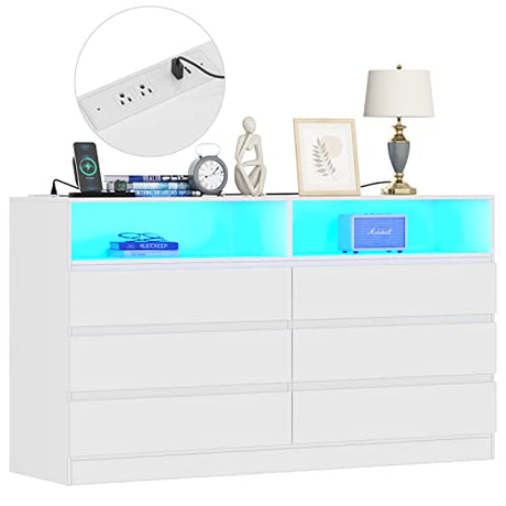 Gyfimoie 6 Drawer Double Dresser with Power Outlet, Accent Chests of Drawers with LED Light, Modern White Storage Dresser with Charging Station (Mirror Not Included) Gyfimoie