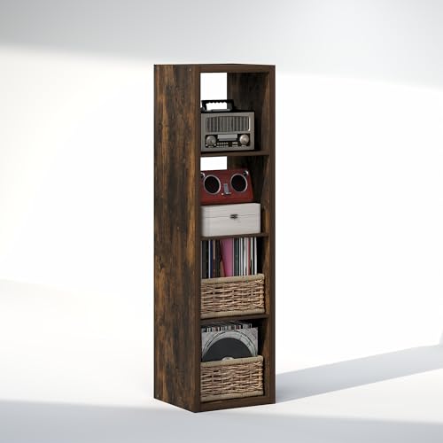 Furinno Cubicle Record Player Stand with Vinyl Storage, 4-Cube 1.2 Extra Thick Vinyl Record Storage, Open Back Media Shelf for CD DVD Blueray Game Disc, for Living Room, Home Office, Amber Pine Furinno