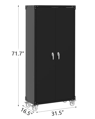 Garage Storage Cabinet 72 in Locking w/Wheels & Pegboard | Heavy-Duty Steel w/ 4 Adjustable Shelves | Workshop Home Office Organizer, Black GarveeHome