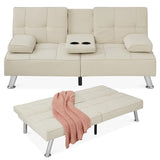 Best Choice Products Linen Modern Folding Futon, Reclining Sofa Bed for Apartment, Dorm w/Removable Armrests, 2 Cupholders - Ivory Best Choice Products