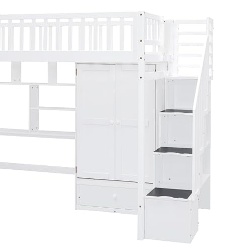 DRELOFT Twin Loft Bed with Desk, Stairs, Shelves, and Wardrobe in White - WoodArtSupply