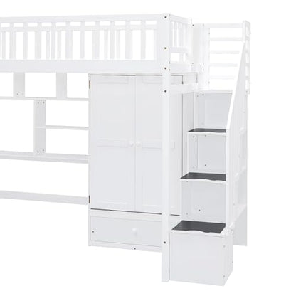 DRELOFT Twin Loft Bed with Desk, Stairs, Shelves, and Wardrobe in White - WoodArtSupply