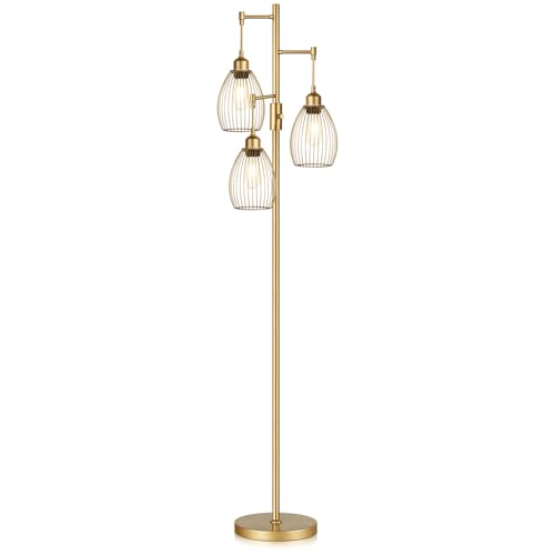 Dimmable Industrial Floor Lamps for Living Room, Gold Tree Standing Tall Lamps with 3 Elegant Teardrop Cage Head & 800 Lumens LED Bulbs for Bedroom Office Torondo