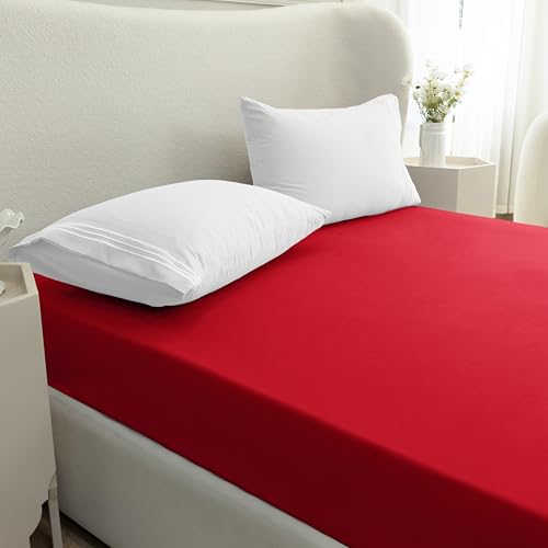 Mocassi California King Fitted Sheet - Deep Pocket Cooling Sheets up to 16 inch - Hotel Luxury 1800 Premier - Softest Sheets - Wrinkle Resistant - 1 Single Bottom Fitted Sheet, Cali King, Red Mocassi