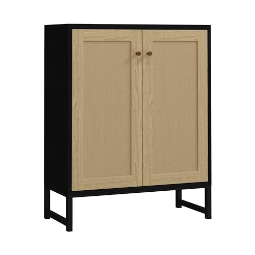 Panana Rattan Decorated 2 Doors Storage Cabinet Accent Cabinet Living Room Cupboard Kitchen Sideboard Buffet Table (Black Cabinet)