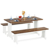 Tribesigns 47-Inch Small Dining Table Set for 2, 3-Piece Kitchen Table with 2 Benches, Farmhouse Wood Dinner Furniture for Narrow Space, Apartment, White & Rustic Brown Tribesigns