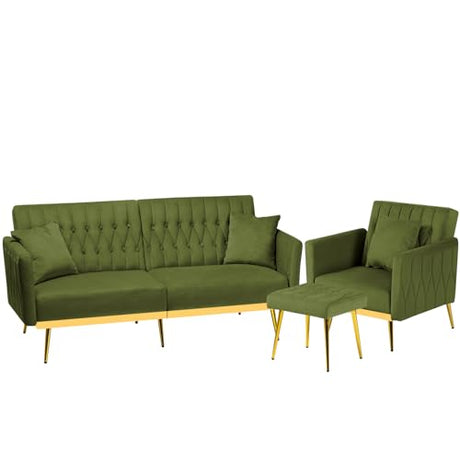ACMEASE 2 Pieces Velvet Sofa Set with Adjustable Armrest and Backrest, 70” Convertible Futon Sofa Bed & Mordern Accent Chair with Ottoman for Living Room, Bedroom, Olive Green ACMEASE