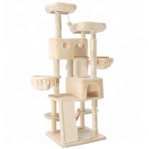 SHA CERLIN 65in Larger Cat Tree Tower Condo for Indoor Kitties/Multi-Level Furniture Activity Center with Wide Base/Cozy Plush Cat Perches/Baskets/Sisal Scratching Posts and Hammock/Beige SHA CERLIN
