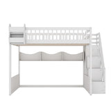 Merax Queen Size Wood Loft Bed with Wardrobe and Staircas, Storage Shelves, Floor Multifunction Bunk Bed with Full Length Gardrails, Space Saving,White Merax