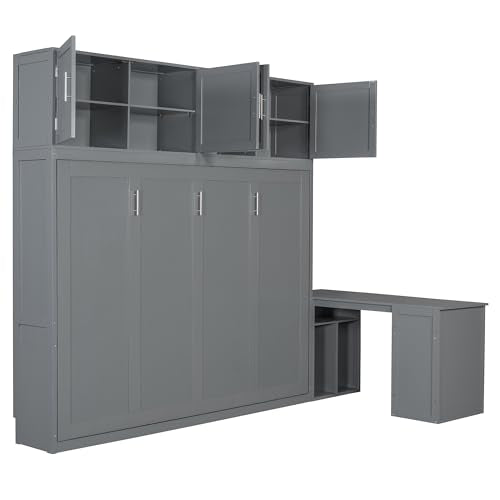 Merax Queen Size Wall Murphy Bed with Desk and Storage Shelves and Big Cabinets for Guest Room, Bed Room, Guest Room, Home Office, Gray Merax