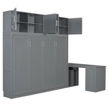 Merax Queen Size Wall Murphy Bed with Desk and Storage Shelves and Big Cabinets for Guest Room, Bed Room, Guest Room, Home Office, Gray Merax