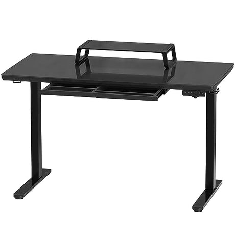 SHW 48x24 Glass Electric Height Adjustable Standing Desk – Motorized Sit Stand Desk with Monitor Riser, Pull-Out Drawer, Memory Presets, Black SHW