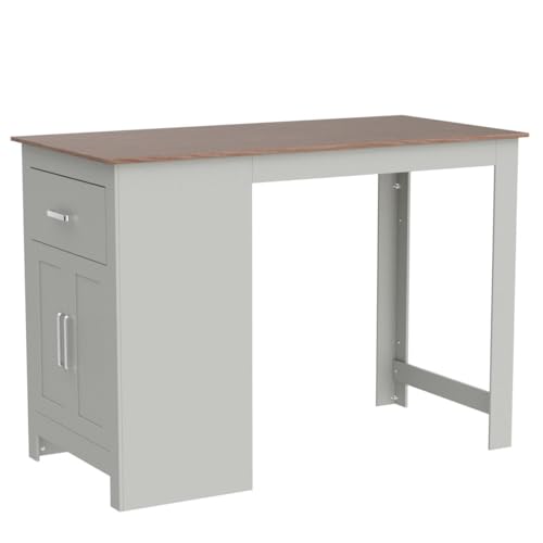 COSTWAY Light Grey Counter Height Dining Table with Drawer and Adjustable Storage Shelves - WoodArtSupply