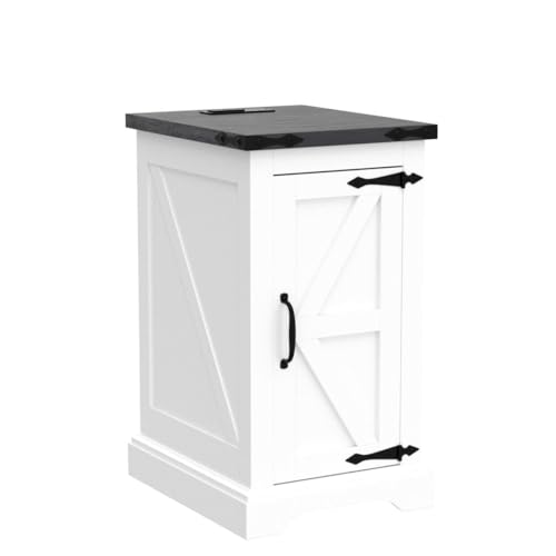 JXQTLINGMU Nightstand with Charging Station, Rectangular Farmhouse End Table with Barn Door and Adjustable Storage Shelf, 17" Deep Wood Rustic Sofa Side Table for Living Room, Bedroom, White JXQTLINGMU