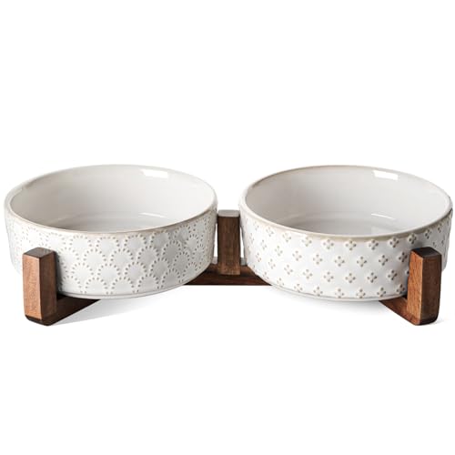 LE TAUCI Dog Bowls Small Breed,Dog Bowl Set with Acacia Wood Stand,1.8 Cups Food and Water Bowl for Small Dogs and Cats, Weighted Dog Dishes, Pet Bowls