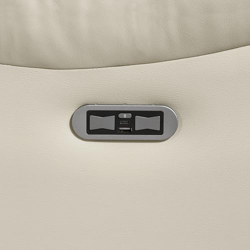 Lexicon Wall Hugger Power Double Reclining Sofa with Center Drop-Down Table, Faux Leather Home Theater Seating with LED Lighting/USB Charging Ports/Wireless Charger/Cup Holders, Magazine Pocket, Beige Lexicon