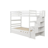Twin Over Twin Bunk Bed with Trundle,Solid Wood Bunk Beds with Storage Stairs,Bunk Bed Twin Size with Stairs for Kids,Teens,Adults,White Bellemave