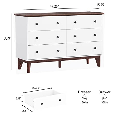 JOZZBY 6-Drawer Double Dresser with Wide Drawers,White Dresser for Bedroom, Wood Storage Chest of Drawers for Living Room Hallway Entryway, 47.25'' W - WoodArtSupply