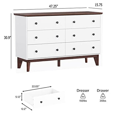 JOZZBY 6-Drawer Double Dresser with Wide Drawers,White Dresser for Bedroom, Wood Storage Chest of Drawers for Living Room Hallway Entryway, 47.25'' W - WoodArtSupply