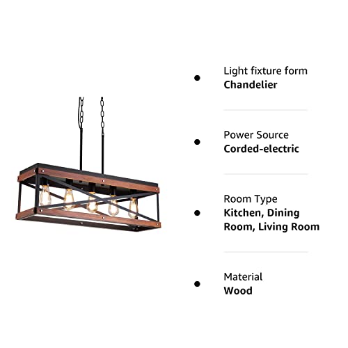 Rustic Farmhouse Kitchen Island Lighting, Wood and Metal Linear Chandelier, 5 Lights Industrial Pendant Light Fixture for Kitchen Island Dining Room Living Room Table, Black - WoodArtSupply