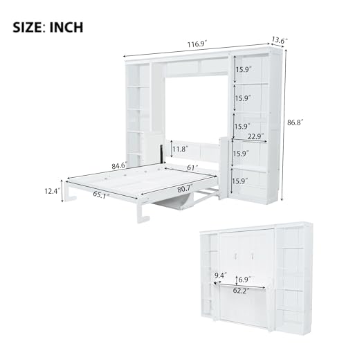 SOFTSEA Queen Size Murphy Bed with Desk, Space Saving Foldable Wall Bed Frame with Storage Shelves, Hideaway Wall Murphy Bed Cabinet for Small Room, Guest Room, White SOFTSEA
