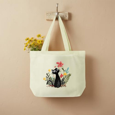 ERKOON Canvas Tote Bag Embroidery Kit for Beginners, Floral Arts Crafts Cross Stitch Kits for Adults Including Stamped Embroidery Bag with Hoops, Needle, Instruction and Color Threads (Cat) ERKOON