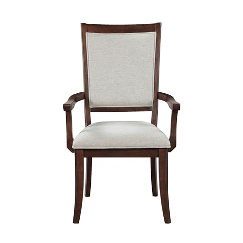 Yozma Traditional Dining Armchairs Set of 2, Cherry Finish Wooden Frame with Beige Upholstered Seat – Elegant Formal Dining Room for Yozma