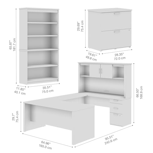 Bestar Logan 66W U-Shaped Desk with Hutch, Lateral File Cabinet, and Bookcase in Antigua Bestar