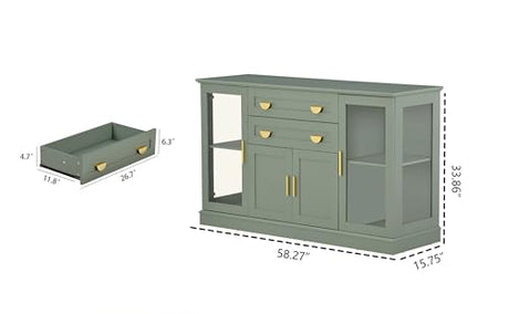 FOREST GRAVITY 58.27'' Buffet Cabinet with 2 Drawers and Adjustable Shelves,Large Glass Door Coffee Bar Cabinet,Modern Farmhouse Sideboard Credenza for Kitchen,Green FOREST GRAVITY
