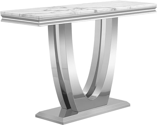 Goderfuu 47" White Marble Console Table, Rectangular Faux Marble Sofa Table, Luxury Entryway Table Long Narrow Hallway Table, Modern Console Table for Living Room with Silver Stainless Steel U-Base Goderfuu