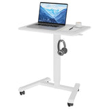 BONTEC Mobile Standing Desk Adjustable Height, Rolling Laptop Cart with Hook, Portable Workstation with Pneumatic Lift, Ergonomic Table with Wheels, Compact Home Office Desk, White 25.6" x 17.7" BONTEC