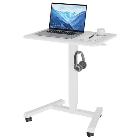 BONTEC Mobile Standing Desk Adjustable Height, Rolling Laptop Cart with Hook, Portable Workstation with Pneumatic Lift, Ergonomic Table with Wheels, Compact Home Office Desk, White 25.6" x 17.7" BONTEC