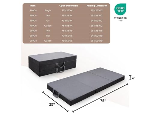 Vamcheer Tri Folding Mattress Single Size - 4 Inch Foldable Mattress for Travel/RV/Camping/Guest Room/Yoga, Tri-fold Memory Foam Mattress with Washable Cover, Handle & Non-Slip Bottom, 75"x25"x4"