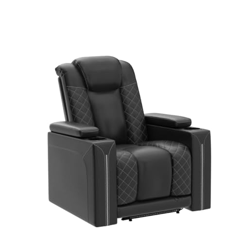CANMOV Electric Power Recliner Chairs with USB Ports and Cup Holders, Breathable Faux Leather Home Theater Seating Recliner with Hidden Arm Storage, Ambient Lighting, Black CANMOV