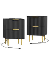 Akxomel Black Nightstand Set of 2, Fluted Night Stand with Charging Station, 13.8" D x 15" W x 23.2" H, 2 Drawers Modern Bedside Table with USB Ports and Outlets, Golden Side Table for Bedroom Akxomel