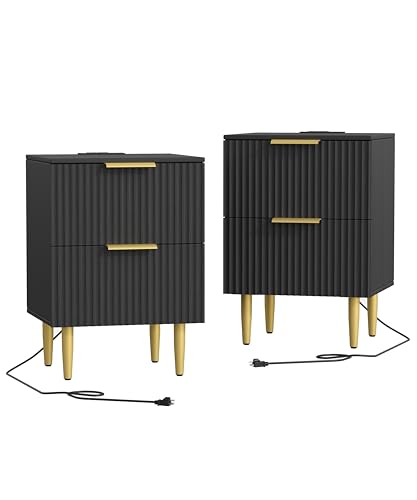 Akxomel Black Nightstand Set of 2, Fluted Night Stand with Charging Station, 13.8" D x 15" W x 23.2" H, 2 Drawers Modern Bedside Table with USB Ports and Outlets, Golden Side Table for Bedroom Akxomel