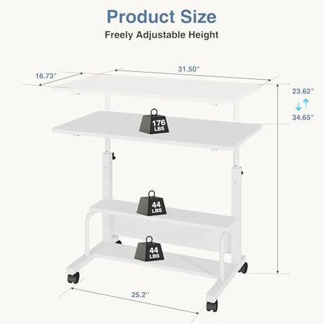DUMOS 31.5" Manual Standing Desk, Height Adjustable Mobile Computer Desk with Lockable Wheels & 2-Tier Storage, Rolling Laptop Table for Small Spaces & Home Office, White DUMOS