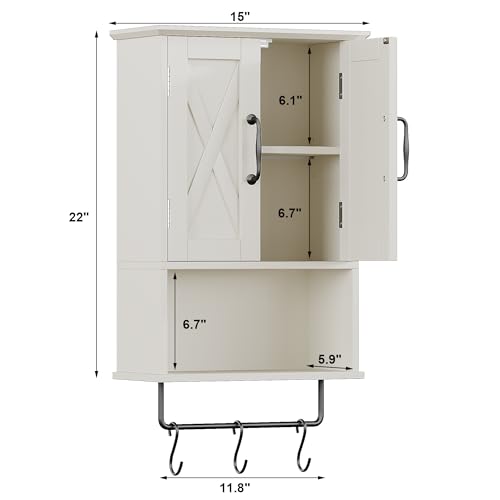 ChooChoo Farmhouse Medicine Cabinet, Bathroom Wall Cabinet with Adjustable Shelf, Towel Bar, 3 Hooks, Over The Toilet Storage Cabinet for Bathroom, Kitchen, White ChooChoo