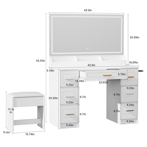 Vanity Desk with Mirror and LED Lights, 43'' W Makeup Vanity Desk with Power Outlet, 3 Color Modes, 7 Drawers Vanity Table with Chair, Dressing Table for Bedroom, Dressing Room Homesflex
